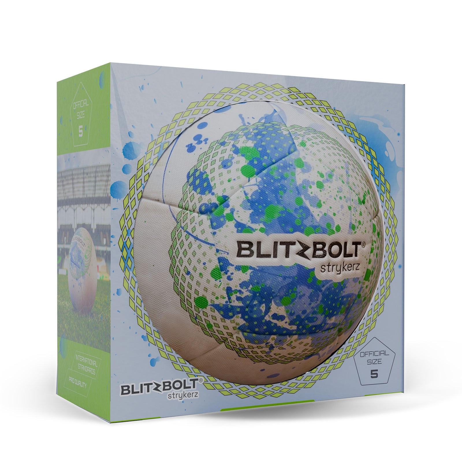 A BlitzBolt soccer ball, made from polyurethane that is thermally bonded for excellent and premium feel and overall superior air dynamics and feel.