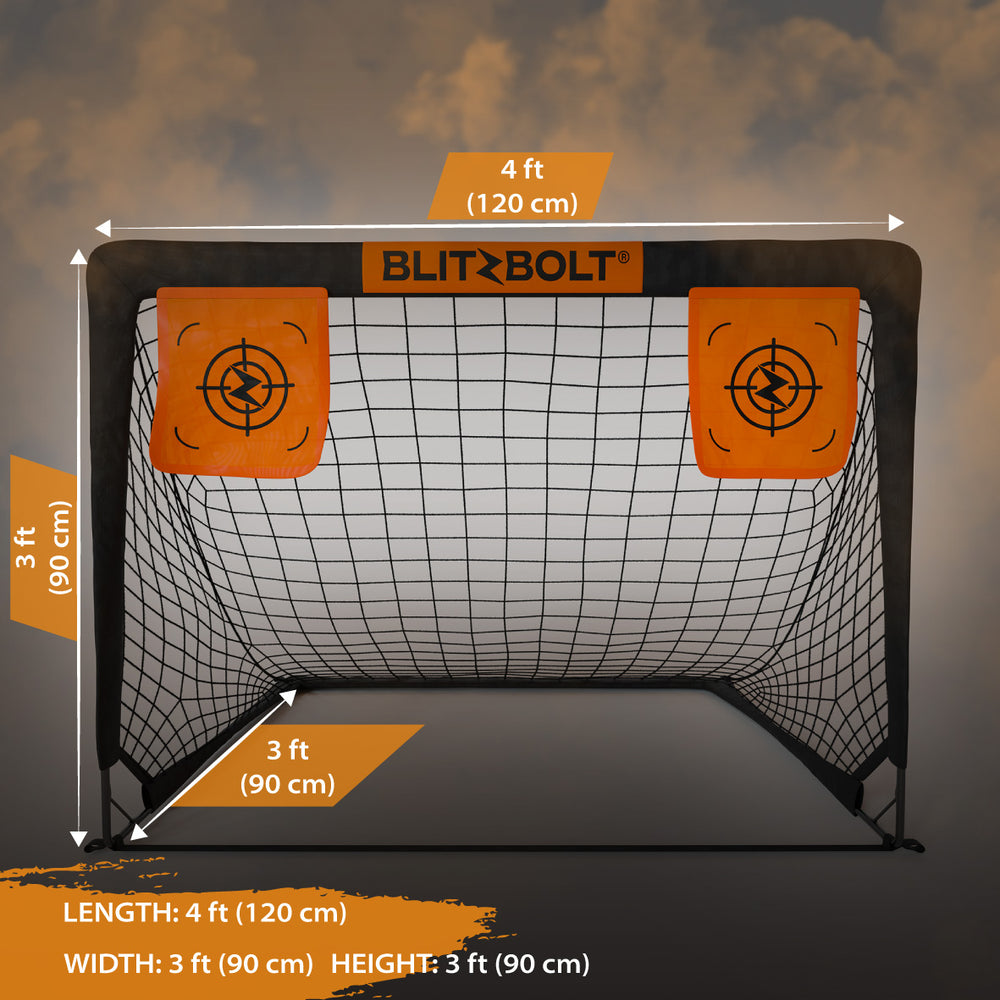 An image showing the size and dimensions of the BlitzBolt pop-up soccer goal.