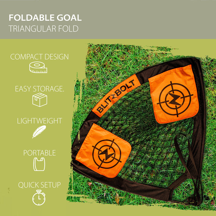 Foldable soccer goal for showing how portable it is. The goal is folded and placed on the grass.